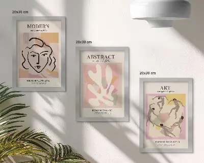 Juego de 3 cuadros decorativos retratos elegantes y formas abstractas en tonos pastel