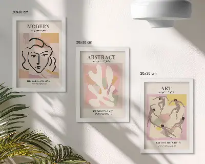 Juego de 3 cuadros decorativos retratos elegantes y formas abstractas en tonos pastel