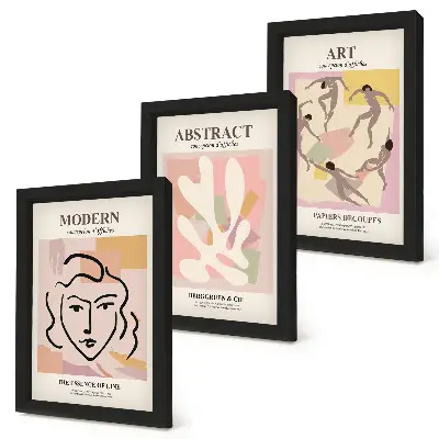 Juego de 3 cuadros decorativos retratos elegantes y formas abstractas en tonos pastel