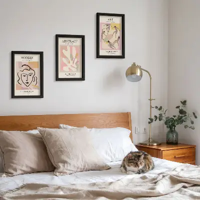 Juego de 3 cuadros decorativos retratos elegantes y formas abstractas en tonos pastel