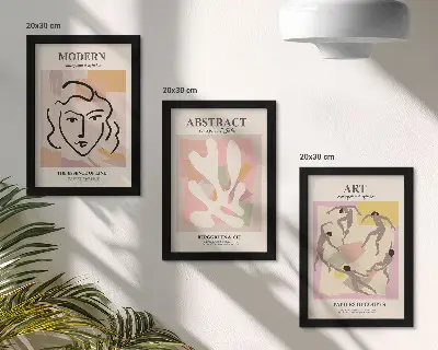 Juego de 3 cuadros decorativos retratos elegantes y formas abstractas en tonos pastel