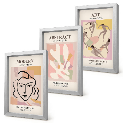 Juego de 3 cuadros decorativos Retratos elegantes y formas abstractas en colores pastel.