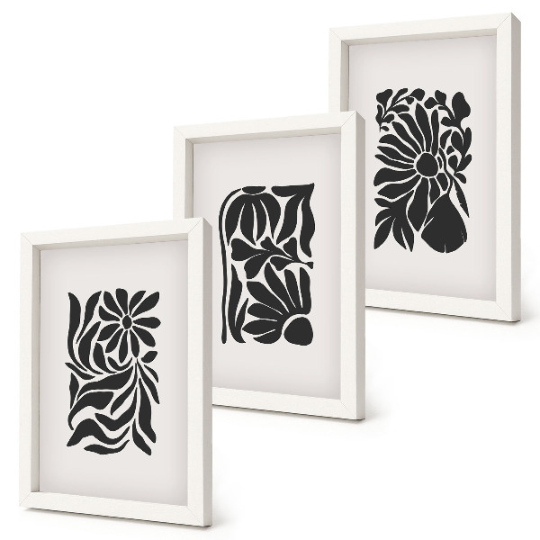Tríptico enmarcado Diseños abstractos de plantas en tonos negros.