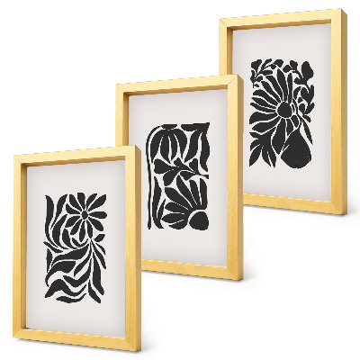 Tríptico enmarcado Diseños abstractos de plantas en tonos negros.