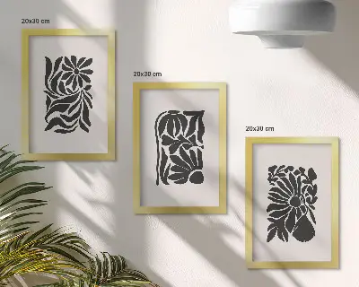 Tríptico enmarcado con diseños abstractos de plantas en tonos negros
