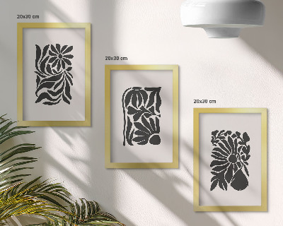 Tríptico enmarcado Diseños abstractos de plantas en tonos negros.