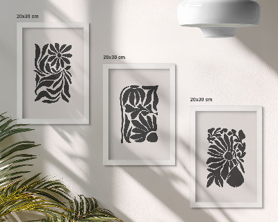 Tríptico enmarcado Diseños abstractos de plantas en tonos negros.