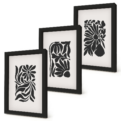 Tríptico enmarcado Diseños abstractos de plantas en tonos negros.