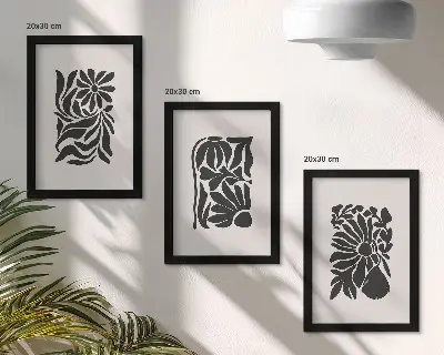 Tríptico enmarcado con diseños abstractos de plantas en tonos negros
