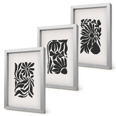 Tríptico enmarcado Diseños abstractos de plantas en tonos negros.
