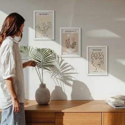 Tríptico enmarcado con motivos vegetales y líneas de estilo moderno
