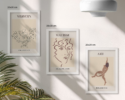 Juego de 3 cuadros decorativos Gráficos elegantes con flores, rostros y figuras humanas.