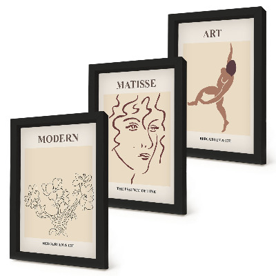 Juego de 3 cuadros decorativos Gráficos elegantes con flores, rostros y figuras humanas.