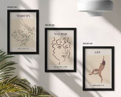 Juego de 3 cuadros decorativos Gráficos elegantes con flores, rostros y figuras humanas.