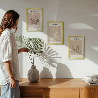 Tríptico enmarcado con motivos vegetales en tonos beige y marrón