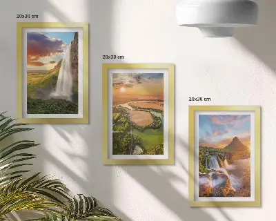 Cuadro tríptico enmarcado de paisajes de montaña con cascadas y ríos al atardecer