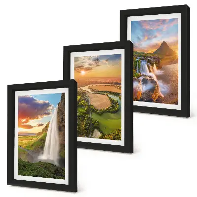 Cuadro tríptico enmarcado de paisajes de montaña con cascadas y ríos al atardecer