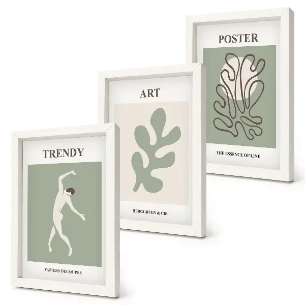 Juego de 3 cuadros decorativos con figuras abstractas y motivos vegetales en colores apagados