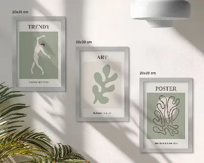 Juego de 3 cuadros decorativos con figuras abstractas y motivos vegetales en colores apagados