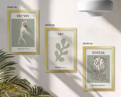 Juego de 3 cuadros decorativos con figuras abstractas y motivos vegetales en colores apagados