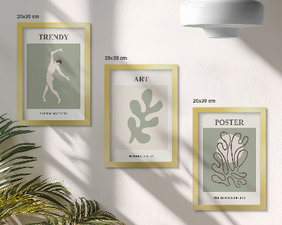 Juego de 3 cuadros decorativos Figuras abstractas y motivos vegetales en colores apagados.