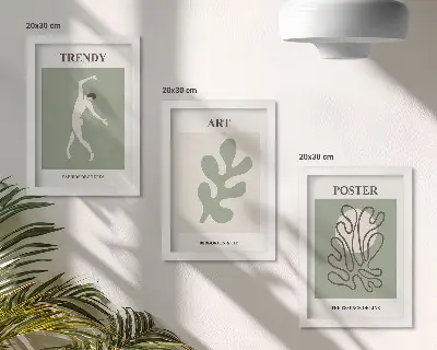 Juego de 3 cuadros decorativos con figuras abstractas y motivos vegetales en colores apagados