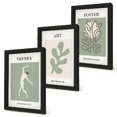 Juego de 3 cuadros decorativos con figuras abstractas y motivos vegetales en colores apagados