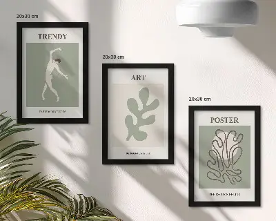 Juego de 3 cuadros decorativos con figuras abstractas y motivos vegetales en colores apagados