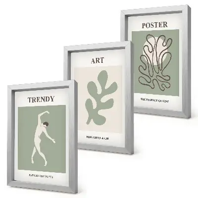 Juego de 3 cuadros decorativos con figuras abstractas y motivos vegetales en colores apagados