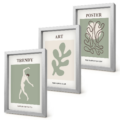 Juego de 3 cuadros decorativos Figuras abstractas y motivos vegetales en colores apagados.