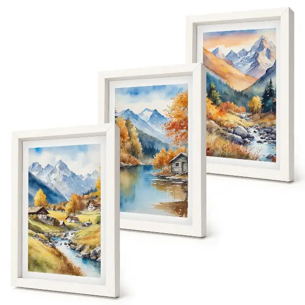 Juego de 3 cuadros decorativos montañas otoñales con río y cabañas