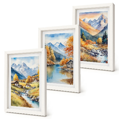 Juego de 3 cuadros decorativos Montañas otoñales pintadas con un río y cabañas.