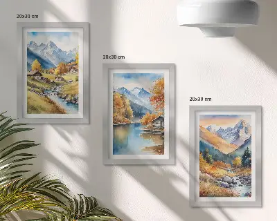 Juego de 3 cuadros decorativos montañas otoñales con río y cabañas