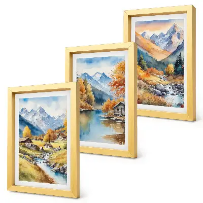 Juego de 3 cuadros decorativos montañas otoñales con río y cabañas