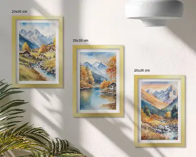 Juego de 3 cuadros decorativos montañas otoñales con río y cabañas