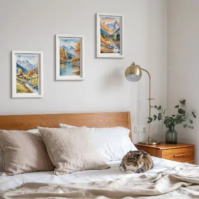 Juego de 3 cuadros decorativos montañas otoñales con río y cabañas