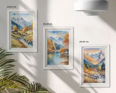 Juego de 3 cuadros decorativos montañas otoñales con río y cabañas