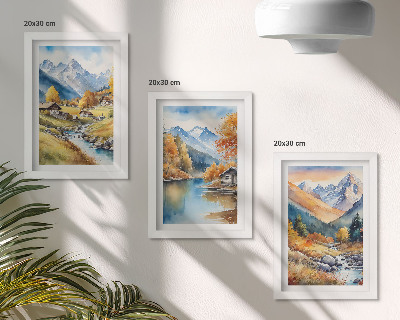 Juego de 3 cuadros decorativos Montañas otoñales pintadas con un río y cabañas.