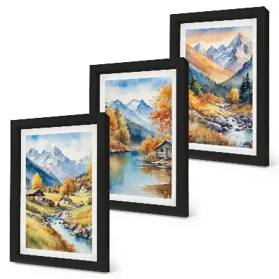 Juego de 3 cuadros decorativos montañas otoñales con río y cabañas