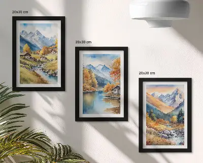 Juego de 3 cuadros decorativos montañas otoñales con río y cabañas