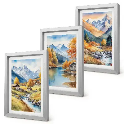 Juego de 3 cuadros decorativos montañas otoñales con río y cabañas