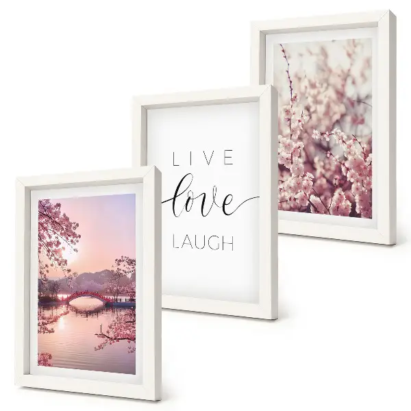 Juego de 3 cuadros decorativos con motivos florales y puente con inscripción