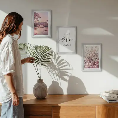 Juego de 3 cuadros decorativos con motivos florales y puente con inscripción