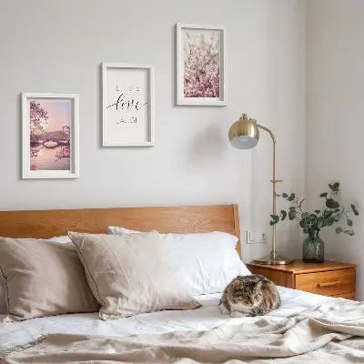 Juego de 3 cuadros decorativos con motivos florales y puente con inscripción