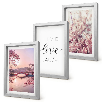 Juego de 3 cuadros decorativos Motivos florales con un puente y una inscripción
