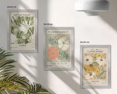 Tríptico enmarcado con motivos florales de diversas ciudades del mundo