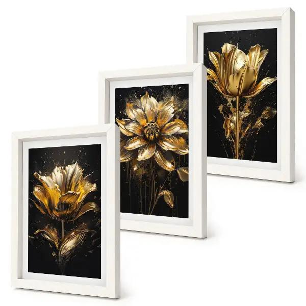 Juego de 3 cuadros decorativos flores en tonos amarillos sobre fondo oscuro