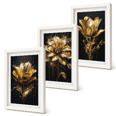 Juego de 3 cuadros decorativos Flores en tonos amarillos sobre un fondo oscuro