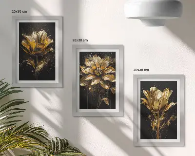 Juego de 3 cuadros decorativos flores en tonos amarillos sobre fondo oscuro