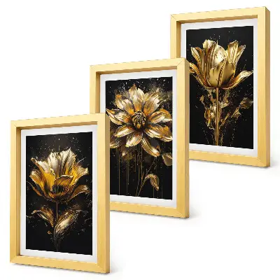 Juego de 3 cuadros decorativos flores en tonos amarillos sobre fondo oscuro